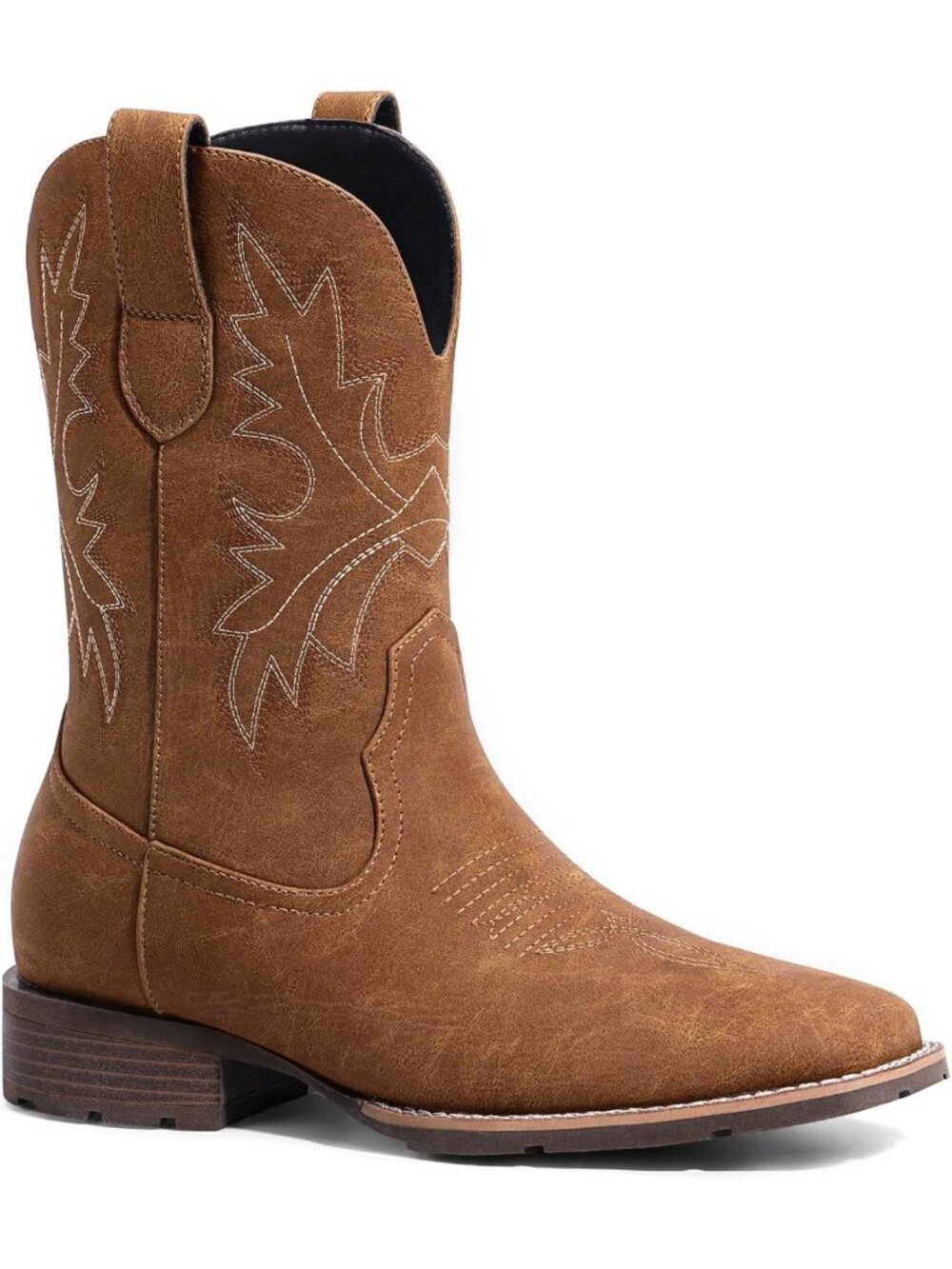 Stylish Western Cowboy Boots for Men - Embroidered Slip-On, Square Toe, Chunky